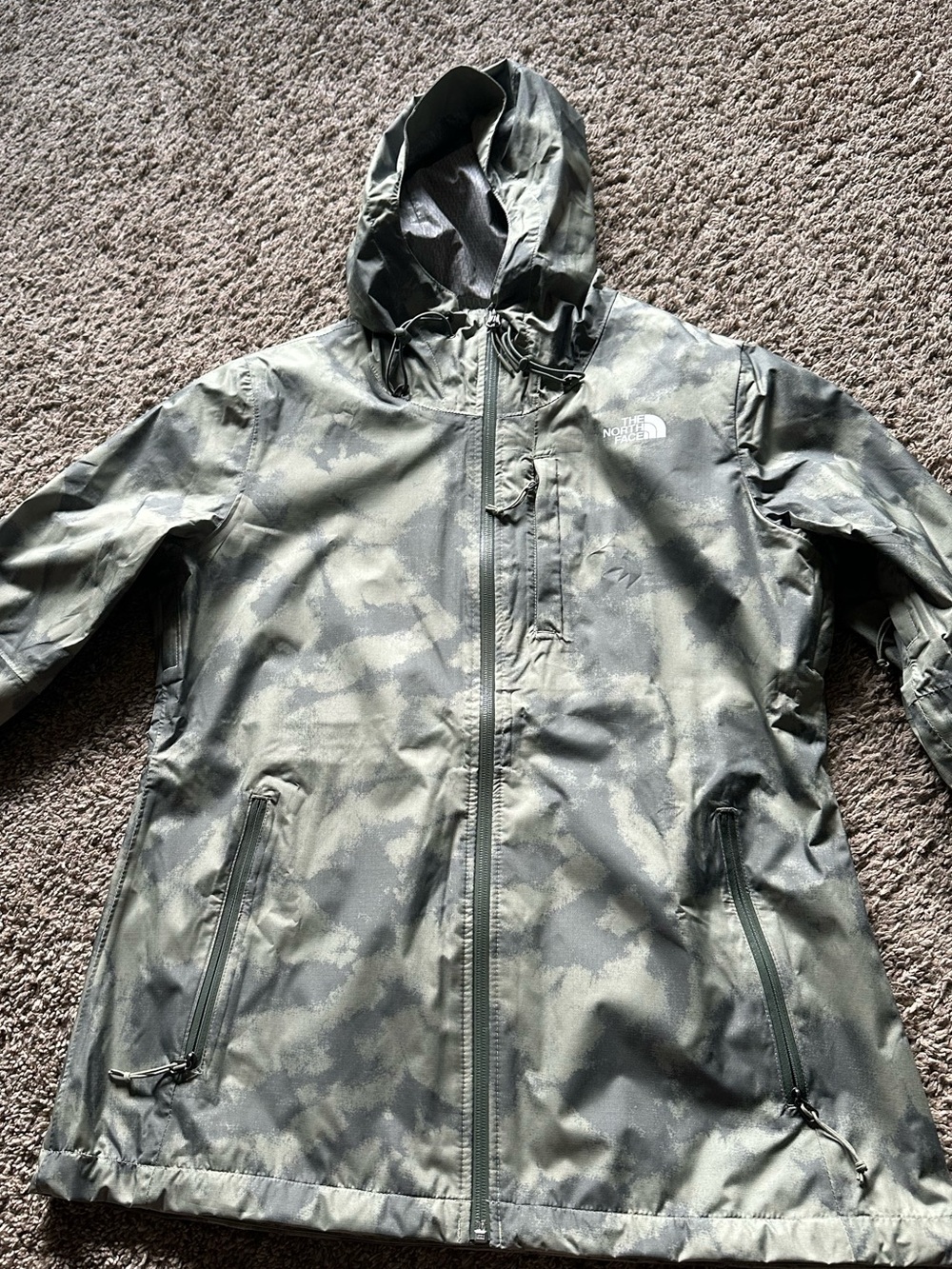The North Face Olive Camo Hooded Jacket with White Logo